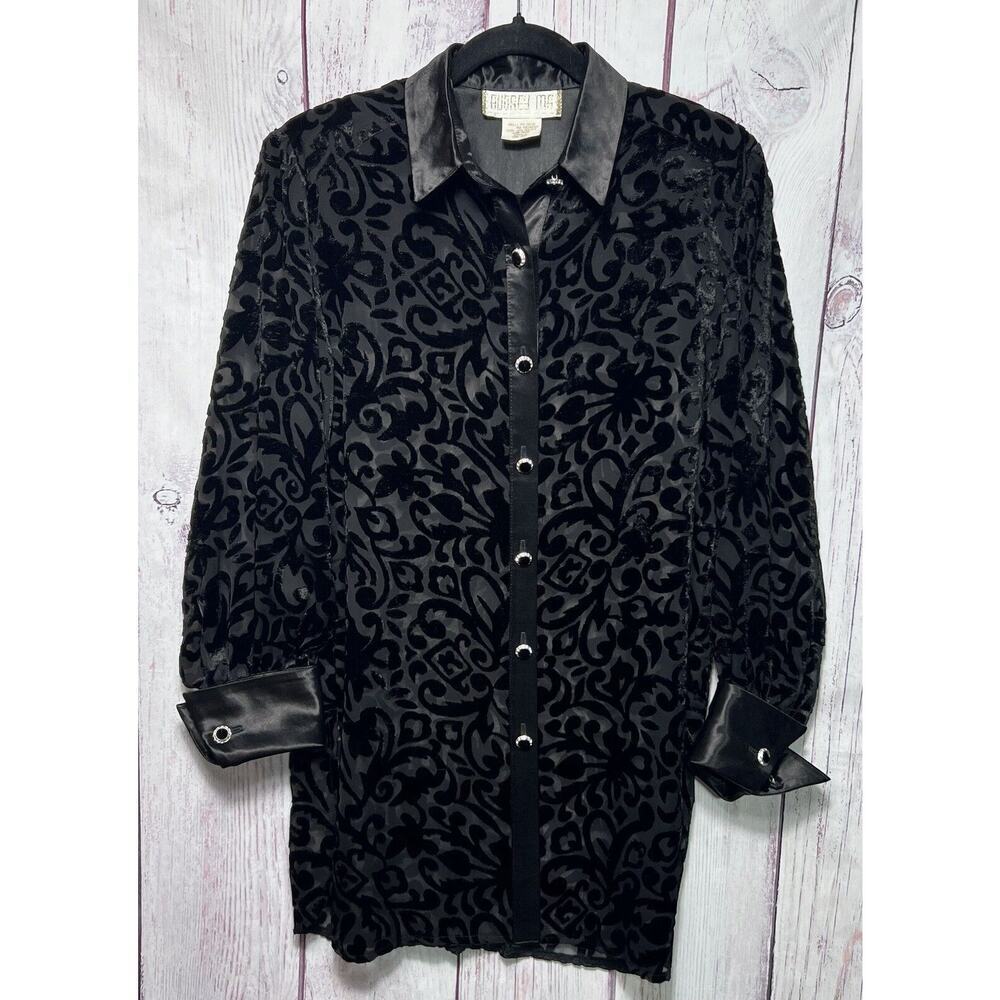 Audrey Ma Women’s Vintage Blouse Black Velvet Sheer Size Small
